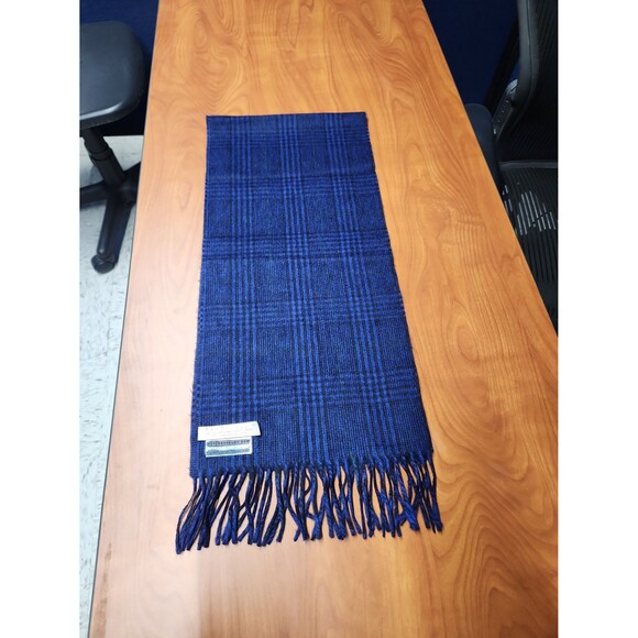 Perry Ellis 100% Cashmere Blue & Black Plaid Scarf - Picture 1 of 5